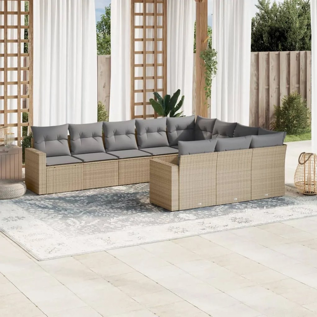 vidaXL 10 pcs conjunto de sofás p/ jardim com almofadões vime PE bege