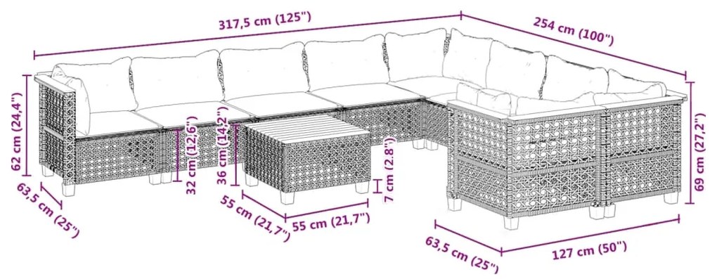 10 pcs conjunto sofás de jardim c/ almofadões vime PE preto