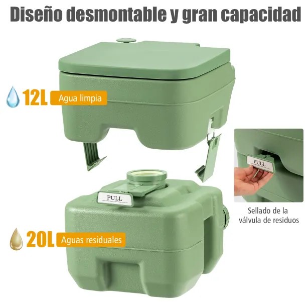 Sanita móvel portátil com tanque de resíduos de 20 l, assento confortável para viagens, acampamento, excursões, cinza 42 x 36 x 43 cm Verde