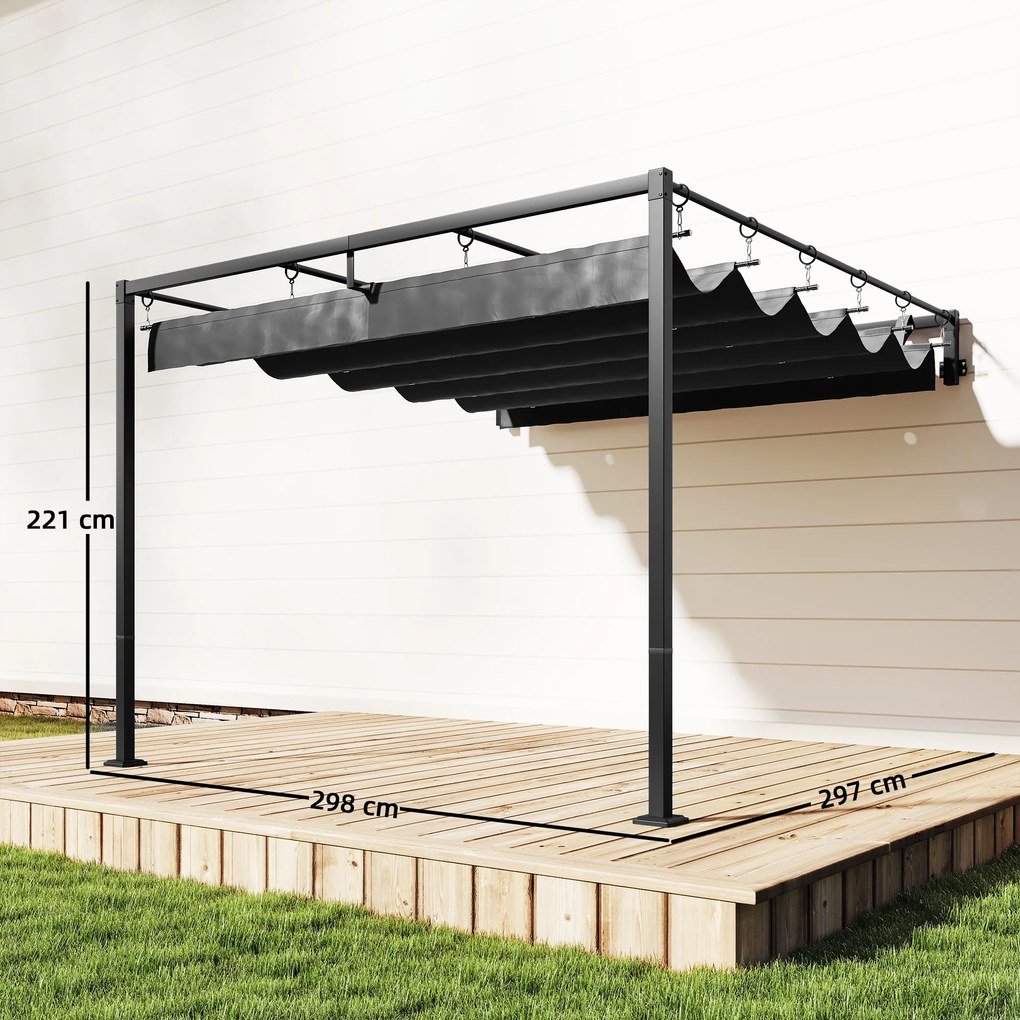Pérgola de Parede para Jardim 3x3 m com Teto Retrátil Proteção UPF30+ Drenagem Pérgola de Jardim para Exterior Cinzento