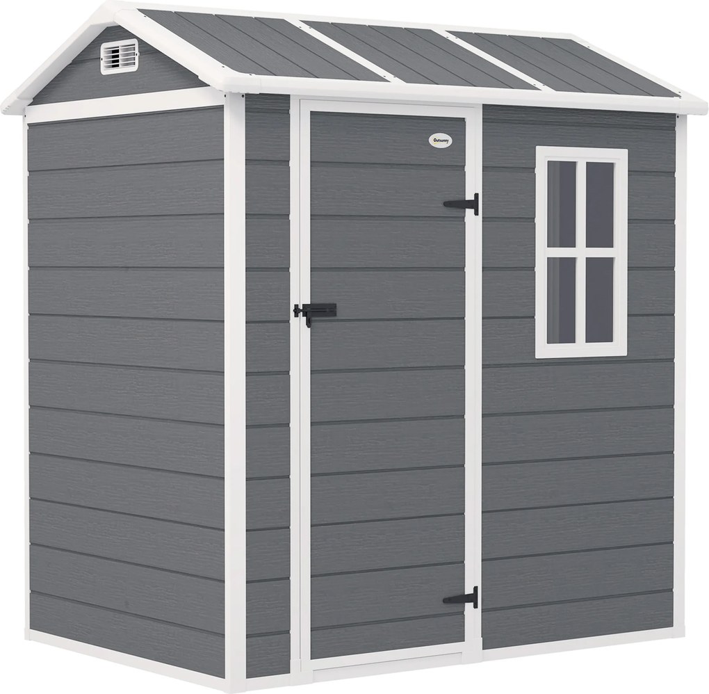 Outsunny Casa de jardim, abrigo de jardim com base, janela, porta trancável, resina plástica, resistente às intempéries, Cinza | Aosom Portugal