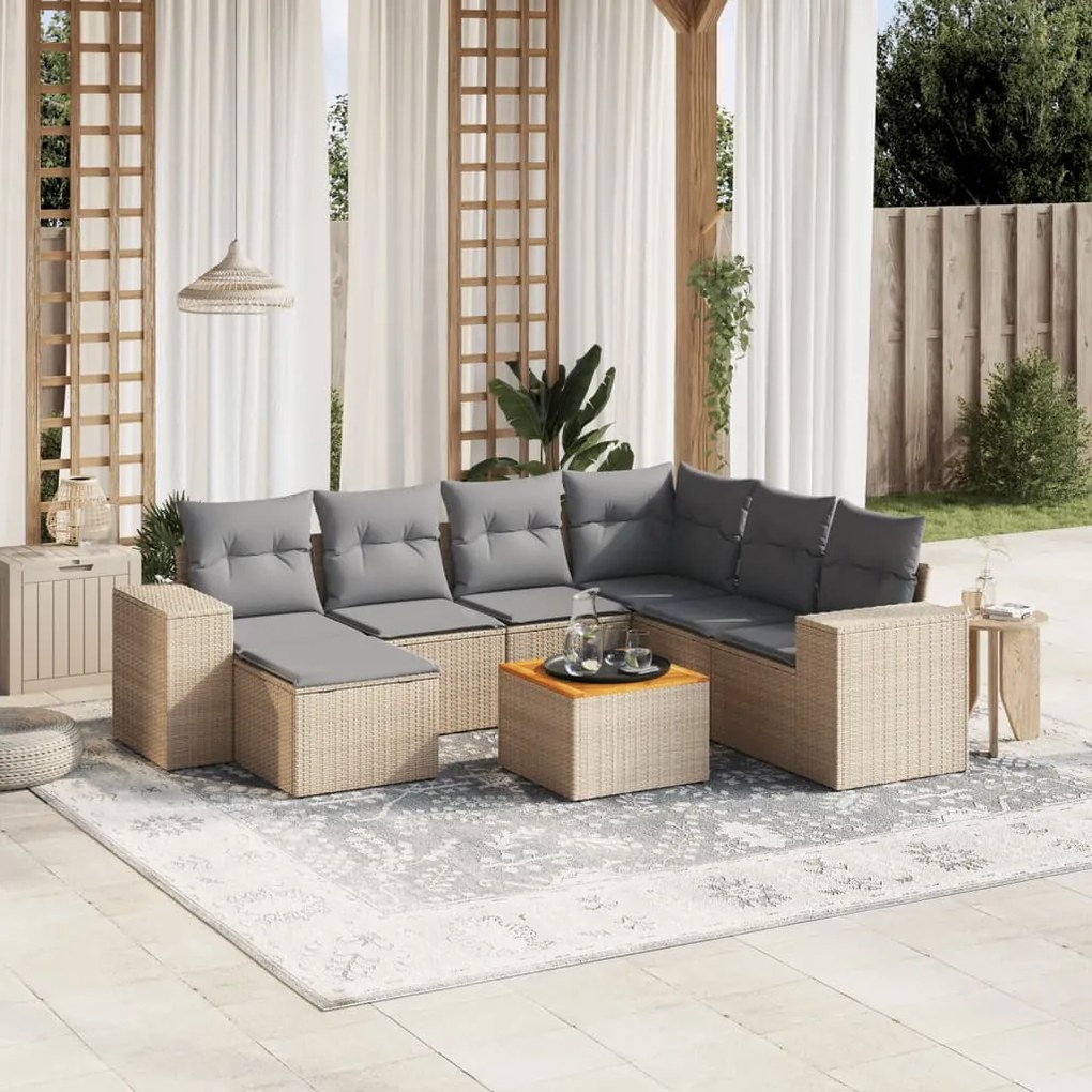 8 pcs conjunto de sofás p/ jardim com almofadões vime PE bege