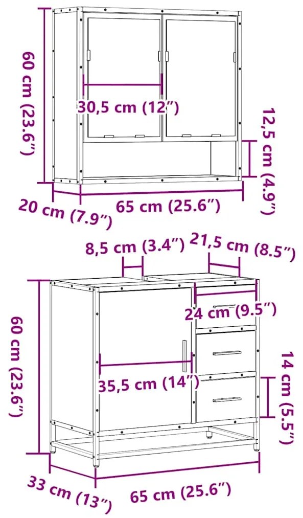2 pcs conjunto móveis WC derivados de madeira sonoma cinza