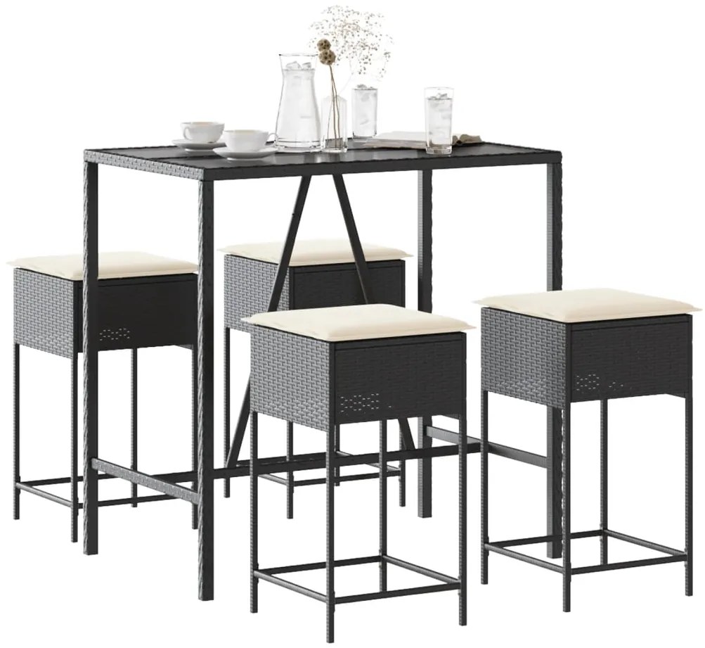 vidaXL 5 pcs conjunto de bar p/ jardim c/ almofadões vime PE preto