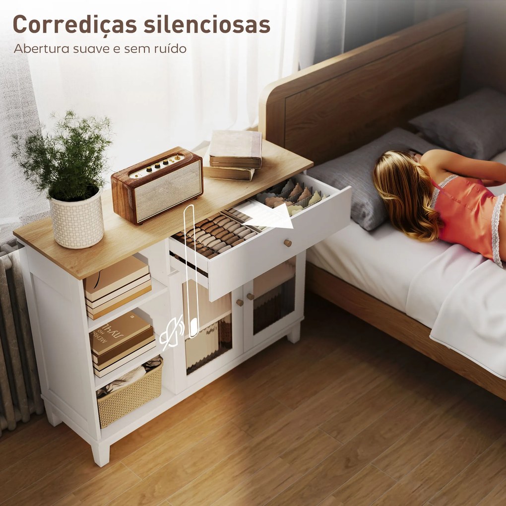 Aparador 2 Portas de Vidro Aparador para Sala Moderno com Gaveta Compartimentos Abertos 100x35x80,3 cm Branco