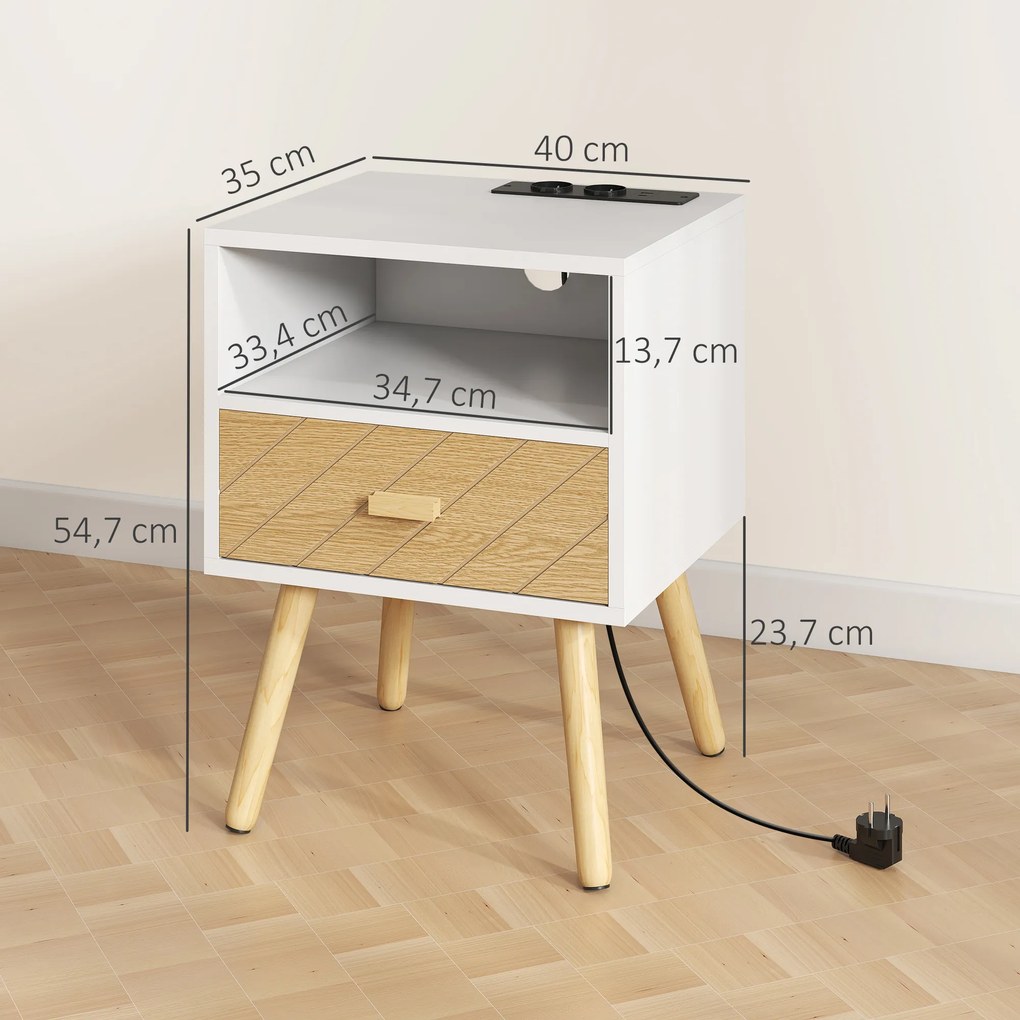 Mesa de Cabeceira com Estação de Carregamento Gaveta 2 Tomadas AC Porta USB e Tipo-C  40x35x54,7 cm Branco