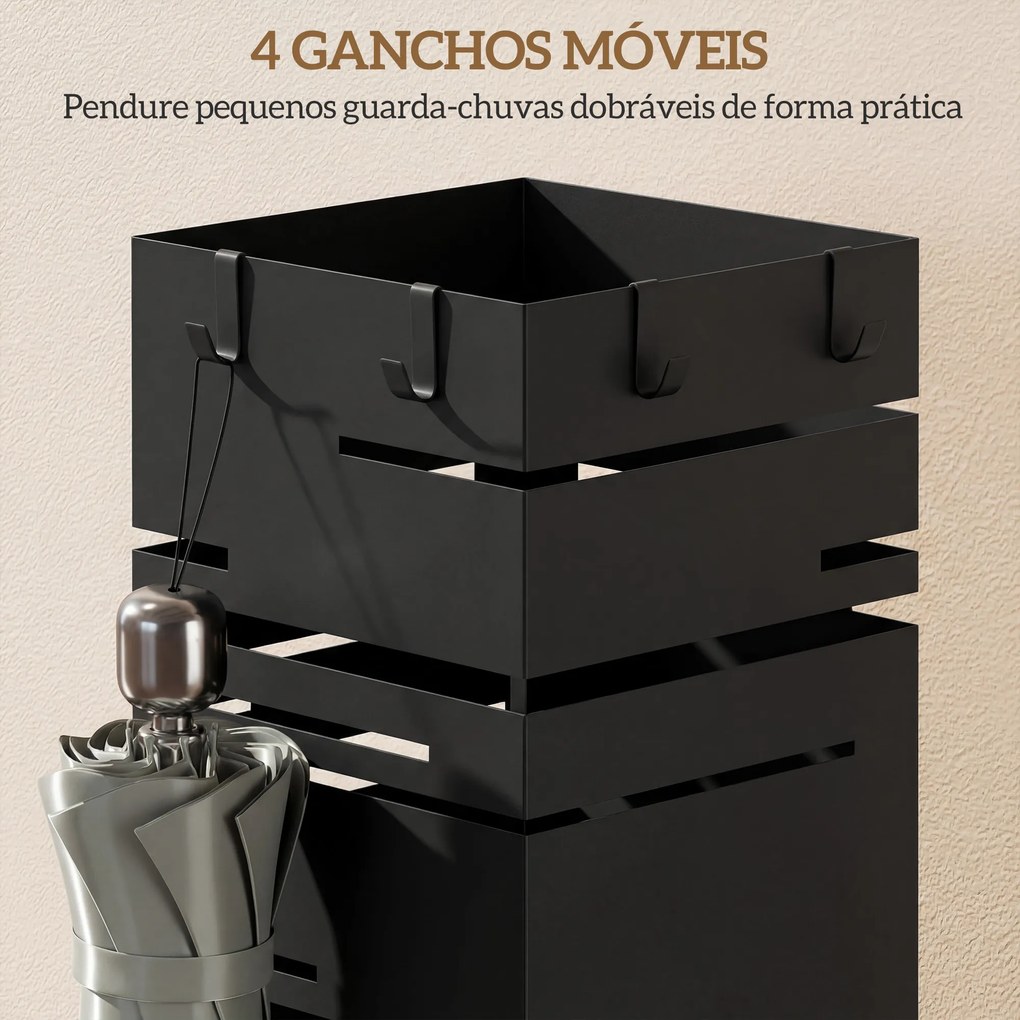 Suporte para Guarda Chuva Metálico com 4 Ganchos e Bandeja de Recolha de Gotas Removível  15,5x15,5x49 cm Preto