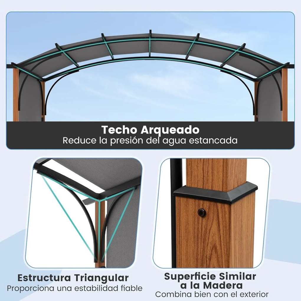 Pérgola de metal em arco retrátil com Toldo retrátil  360 x 300 cm Cinzento