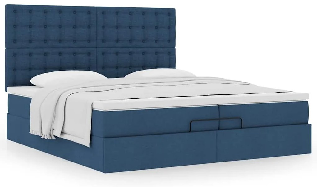 Estrutura de cama otomana com colchões 200x200cm tecido azul