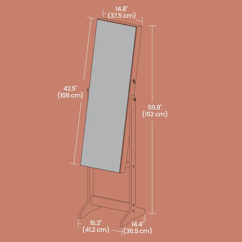 Armário para joias com espelho de corpo inteiro sem moldura 41,2 x 36,5 x 152 cm Branco
