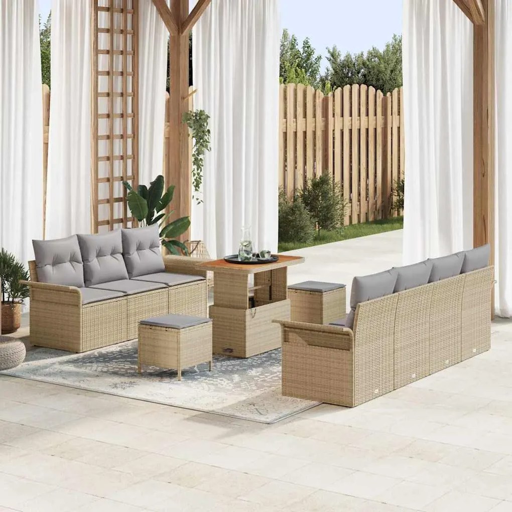 vidaXL Conjunto de Sofá de Jardim de 10 Peças com Almofadas de Rattan Bege