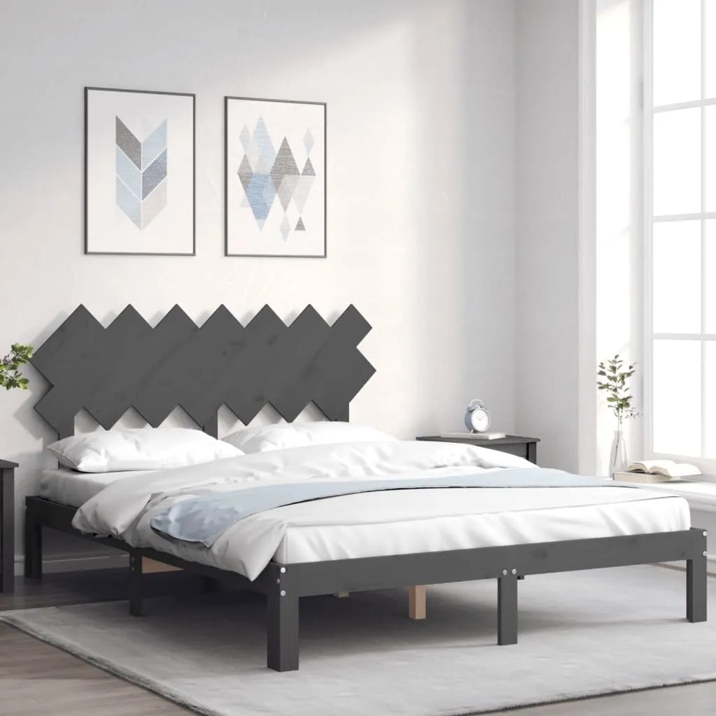 Estrutura de cama com cabeceira 140x190 cm madeira maciça cinza