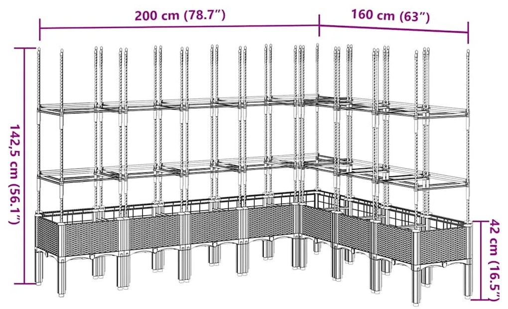 Vaso/floreira jardim c/ treliça 200x160x142,5 cm PP cinza-claro