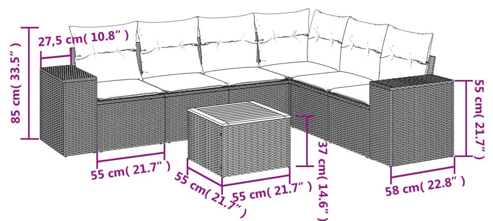 7 pcs conjunto de sofás p/ jardim c/ almofadões vime PE preto