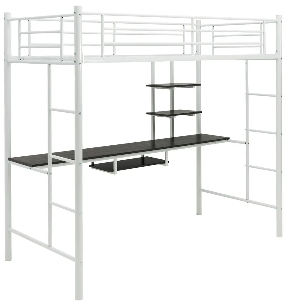 Cama alta com secretária infantil, 2 escadas bilaterais e 2 prateleiras de arrumação estrutura Branca