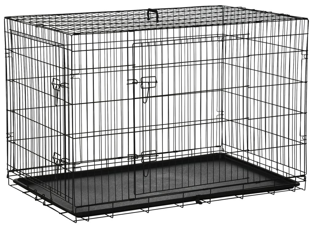 PawHut Gaiola para Cães com 2 Portas Gaiola para Animais de Estimação de Arame Dobrável com Alça de Transporte 121x74,5x81cm Preto | Aosom Portugal