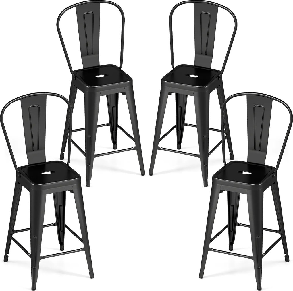 Conjunto de 4 Bancos de Bar com Encosto, 44,5 x 45,5 x 103 cm, Empilháveis, Preto