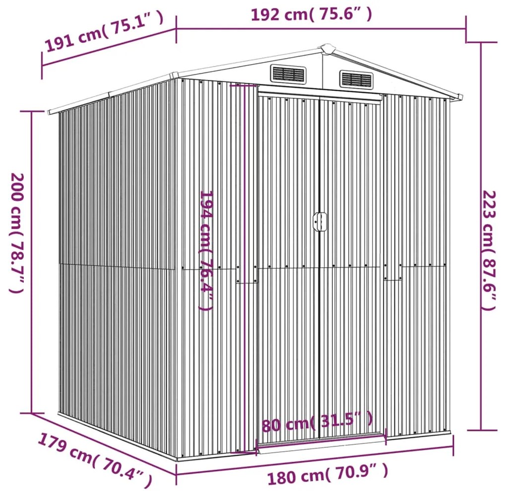 Abrigo de jardim 192x191x223 cm aço galvanizado cinzento-claro