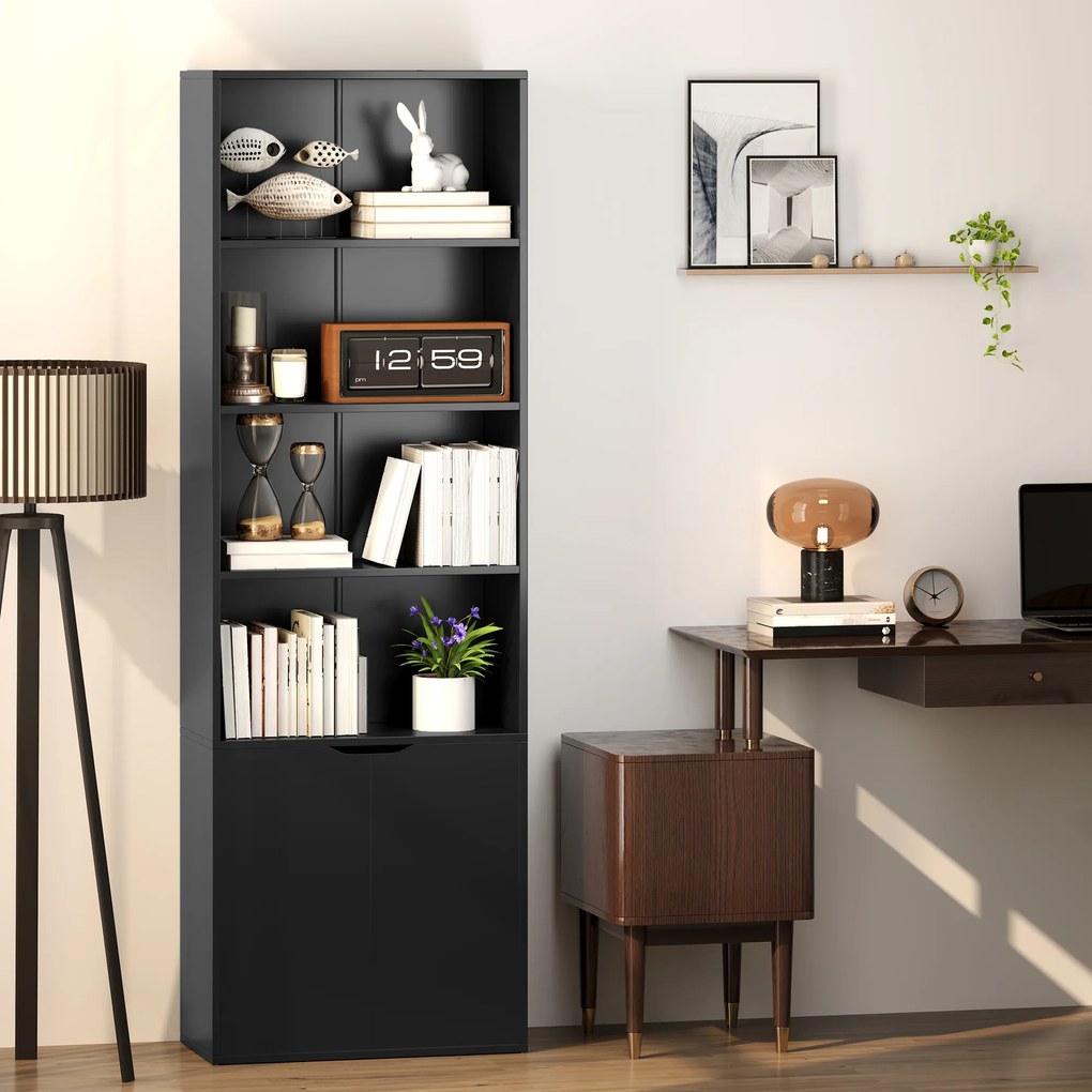 Estante para Livros de 6 Níveis Portas e 4 Prateleiras Abertas para Sala Escritório 59x29x180 cm Preto