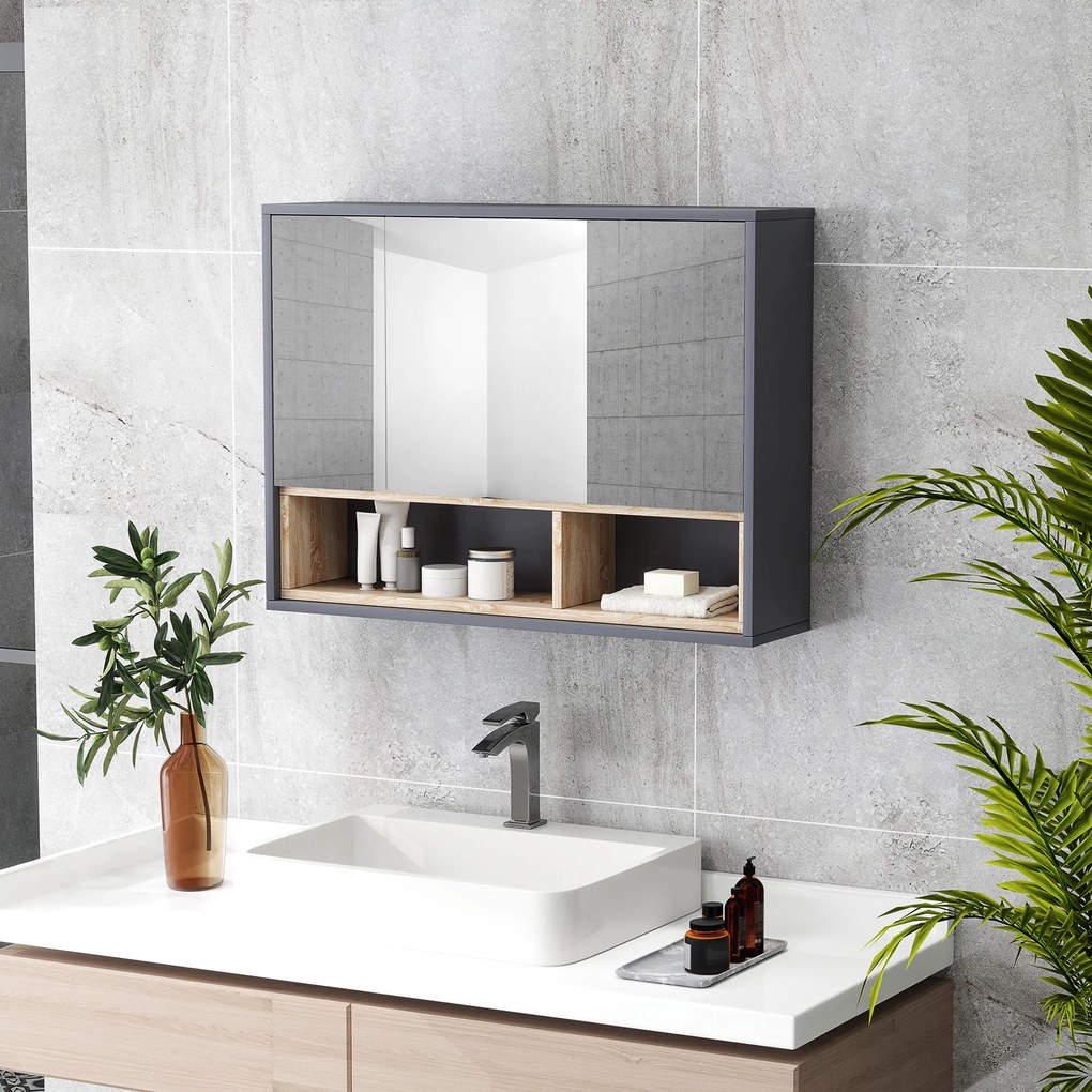 Móvel de casa de banho parede com espelho 80 x 20 x 60 cm, com 3 portas e 8 compartimentos, cinzento