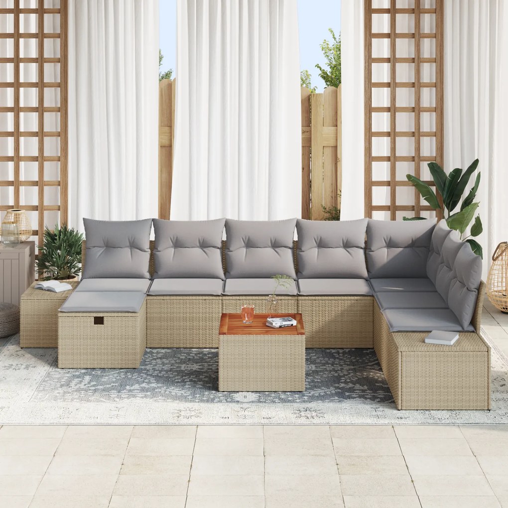 Conjunto de Sofá de Jardim de 9 Peças com Almofadas Bege de Vime Poly