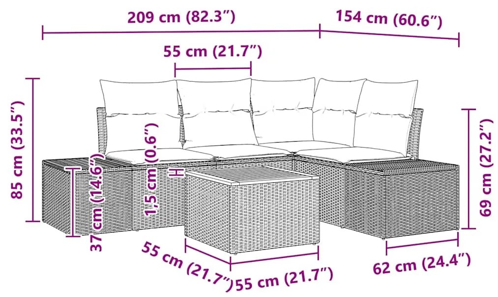 Sofá de Jardim 5 Peças com Almofadas Bege em Rattan Sintético e Acácia