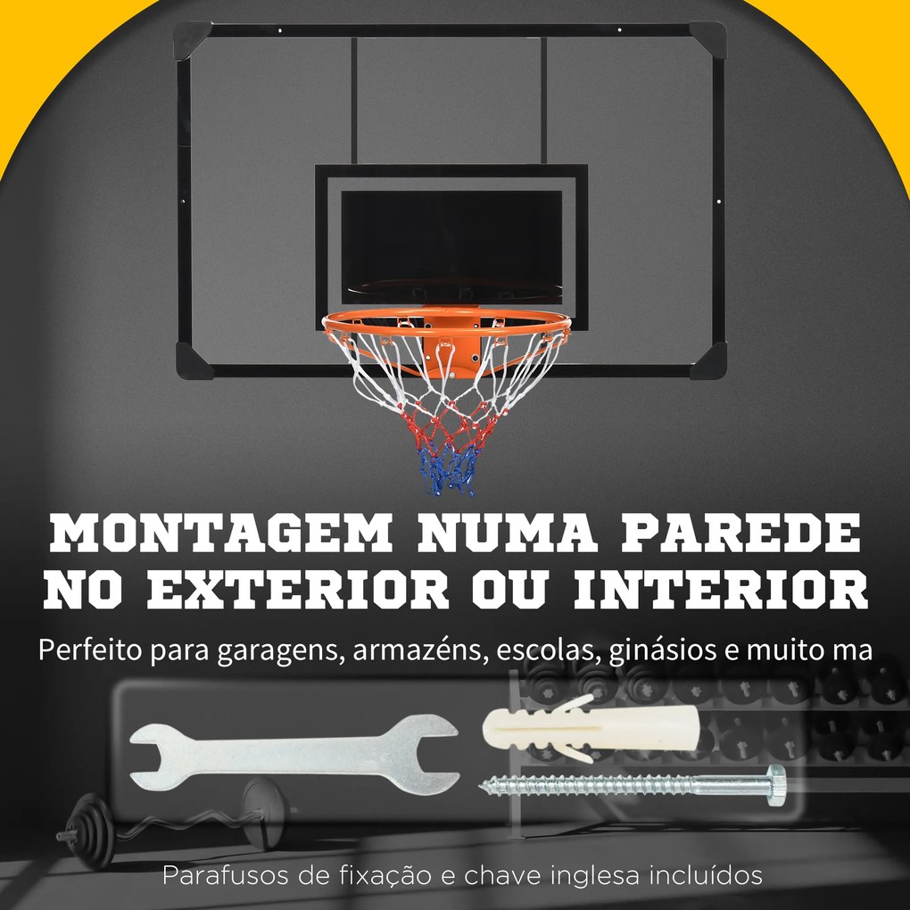 Tabela de Basquetebol de Parede com Quadro e Estrutura de Aço para Utilização em Interiores e Exteriores 113x61x73 cm Preto