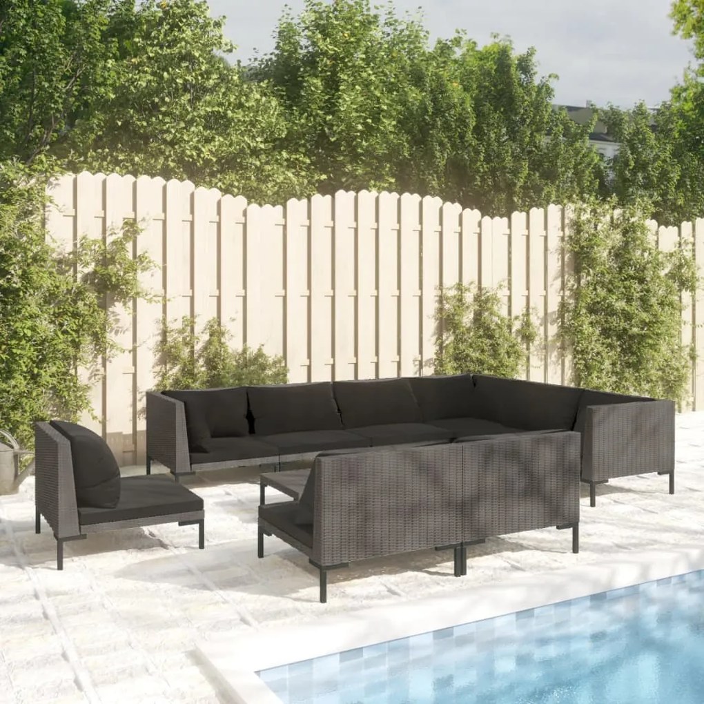 vidaXL 10 pcs conj. lounge jardim c/ almofadões vime PE cinza-escuro
