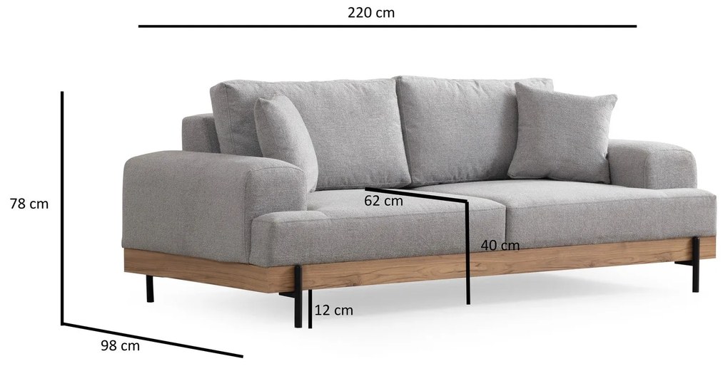 Sofá de 3 Lugares Eti – Cinzento – 220x98x78 cm