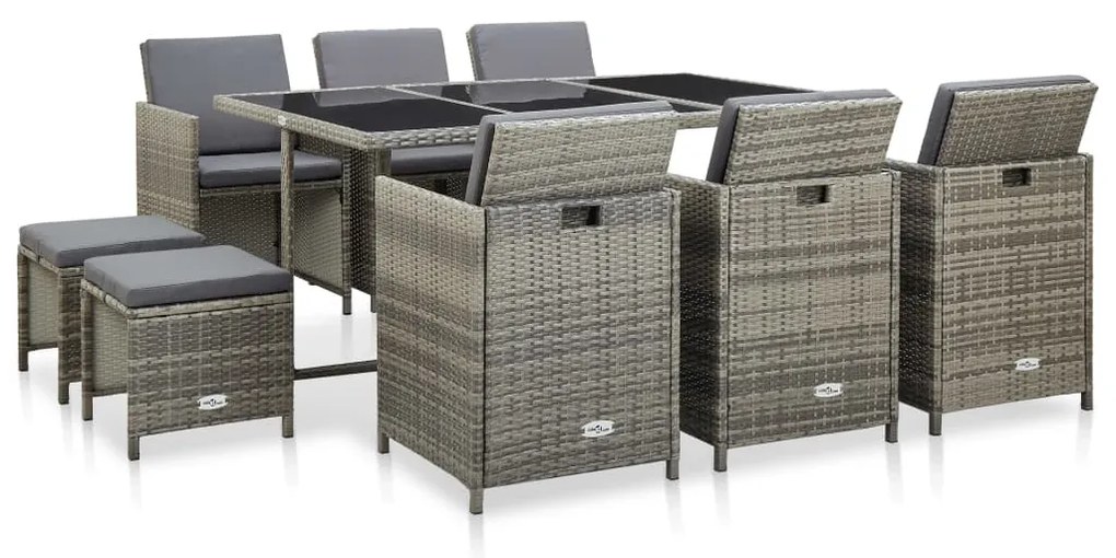 46537 vidaXL 11 pcs conjunto jantar exterior c/ almofadões vime PE cinzento