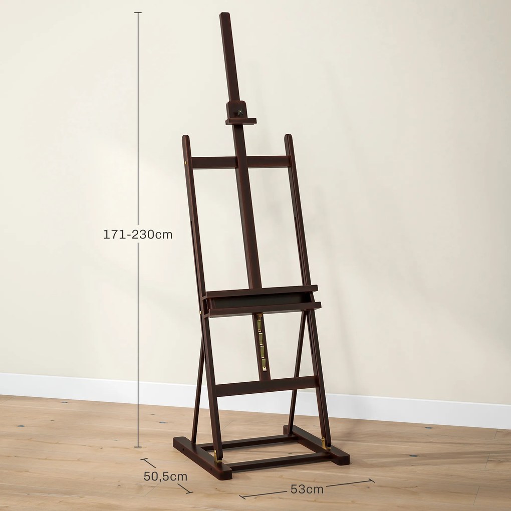 Cavalete de madeira com altura ajustável de 171 a 230 cm para pintura com espaço de arrumação e inclinação ajustável até 80°, cor castanha