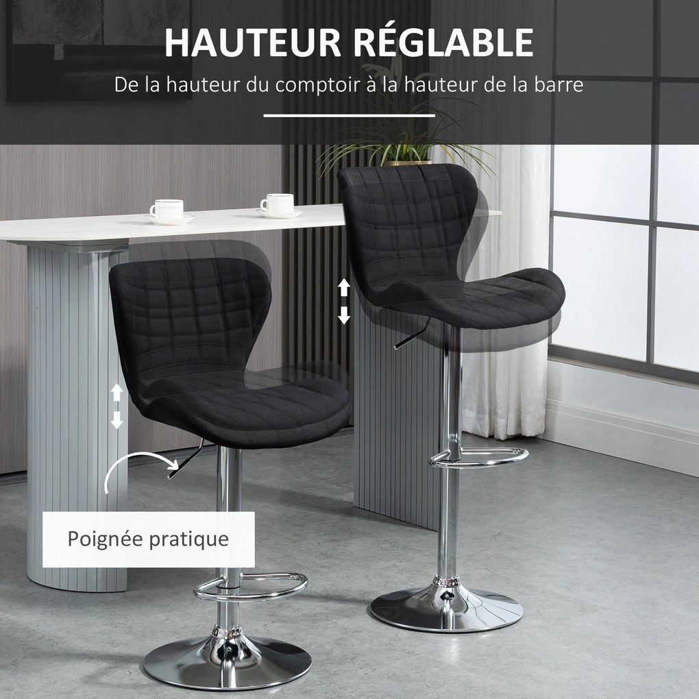 Conjunto de 2 bancos de bar de design contemporâneo, com altura do assento ajustável entre 59 e 81 cm, giratórios a 360°, em linho preto