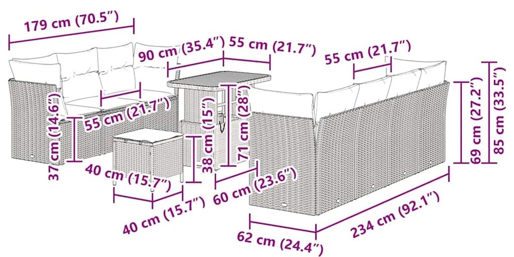 Conjunto de Sofás para Jardim de 10 Peças com Almofadas Bege Rattan Ac