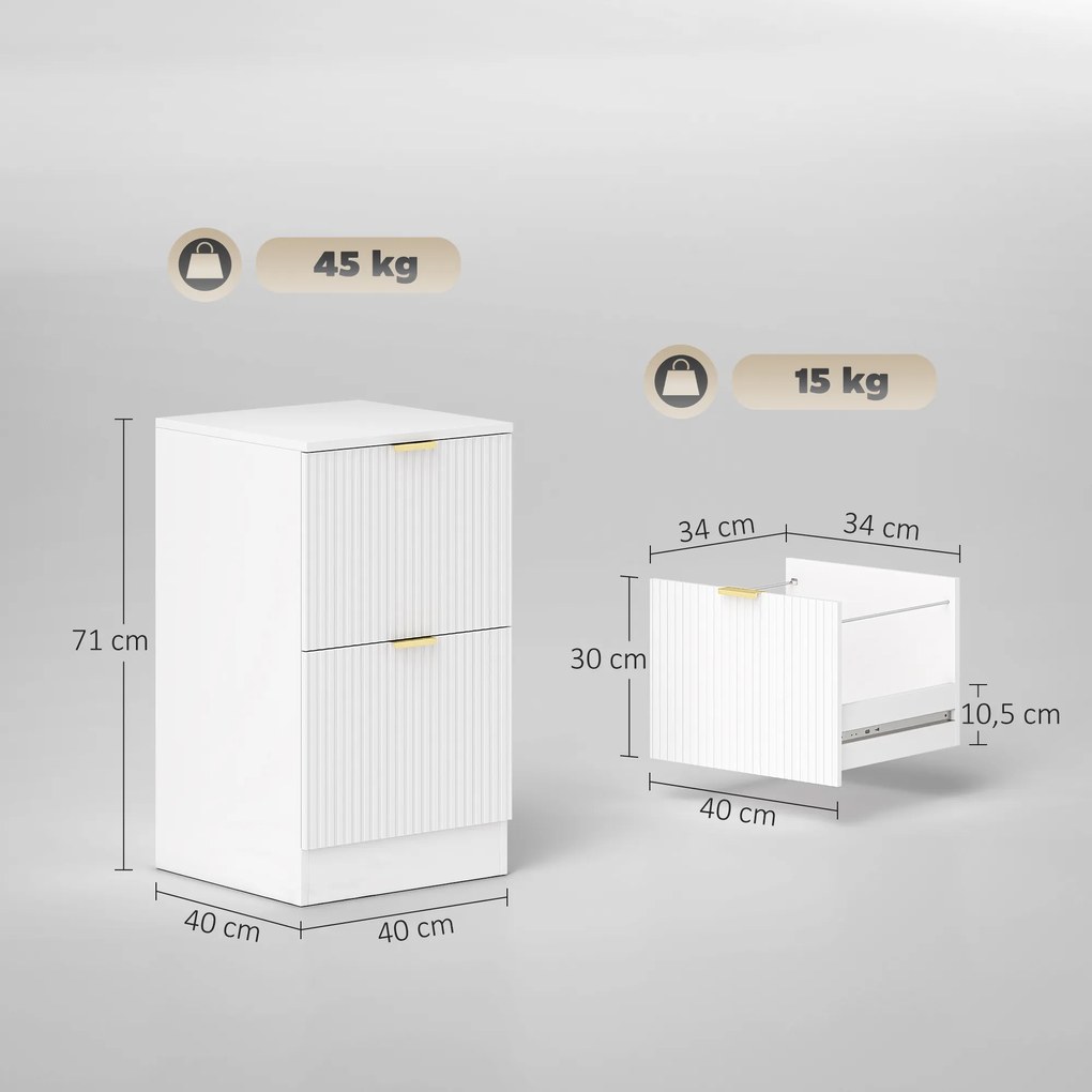 Bloco de Gavetas de Escritório com 2 Gavetas Frentes Caneladas Móvel para Arquivo para Tamanho A4 ou Carta 40x40x71 cm Branco