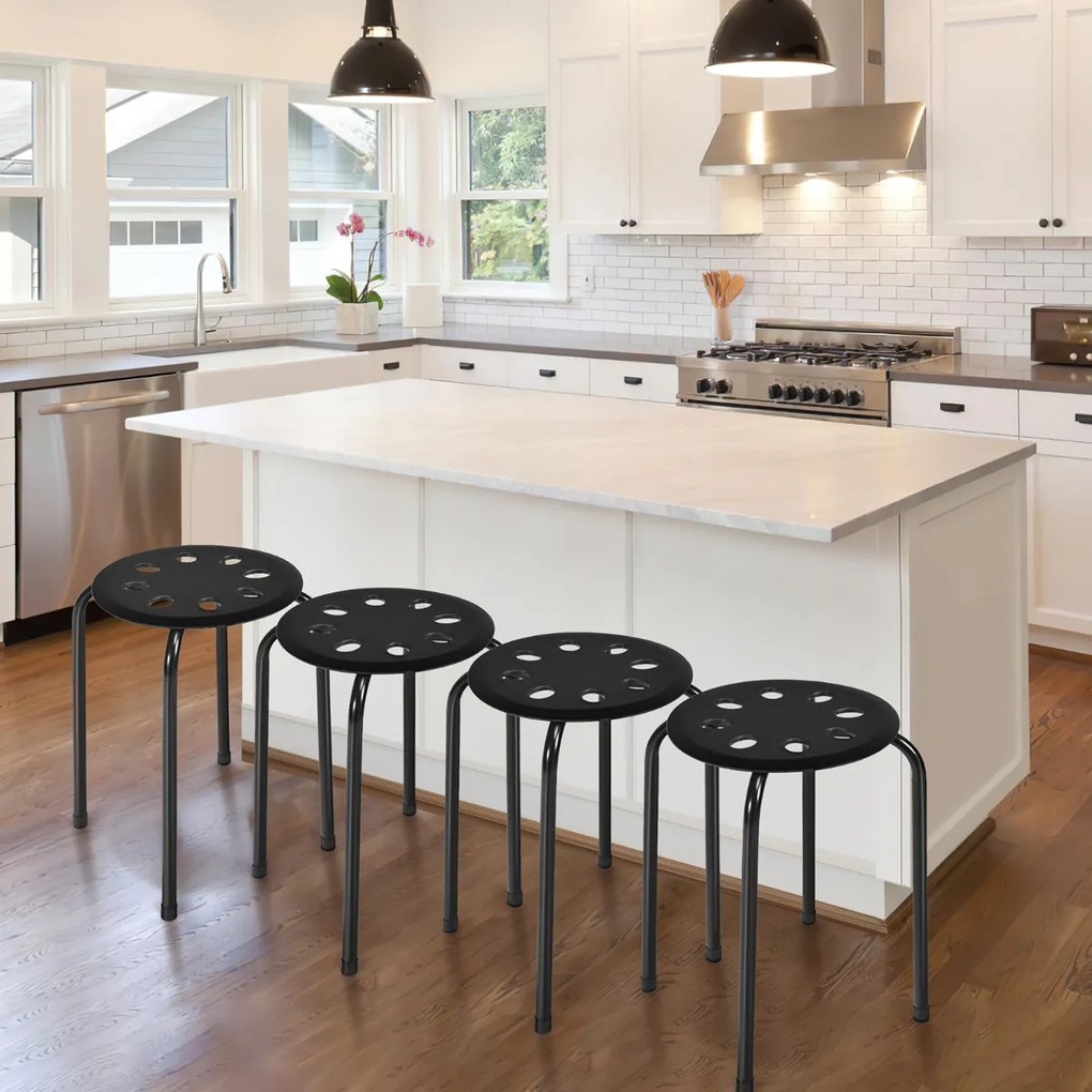 Conjunto de 6 bancos empilháveis de meta com assento perfurado redondo e estrutura metálica para cozinha, sala Pretos