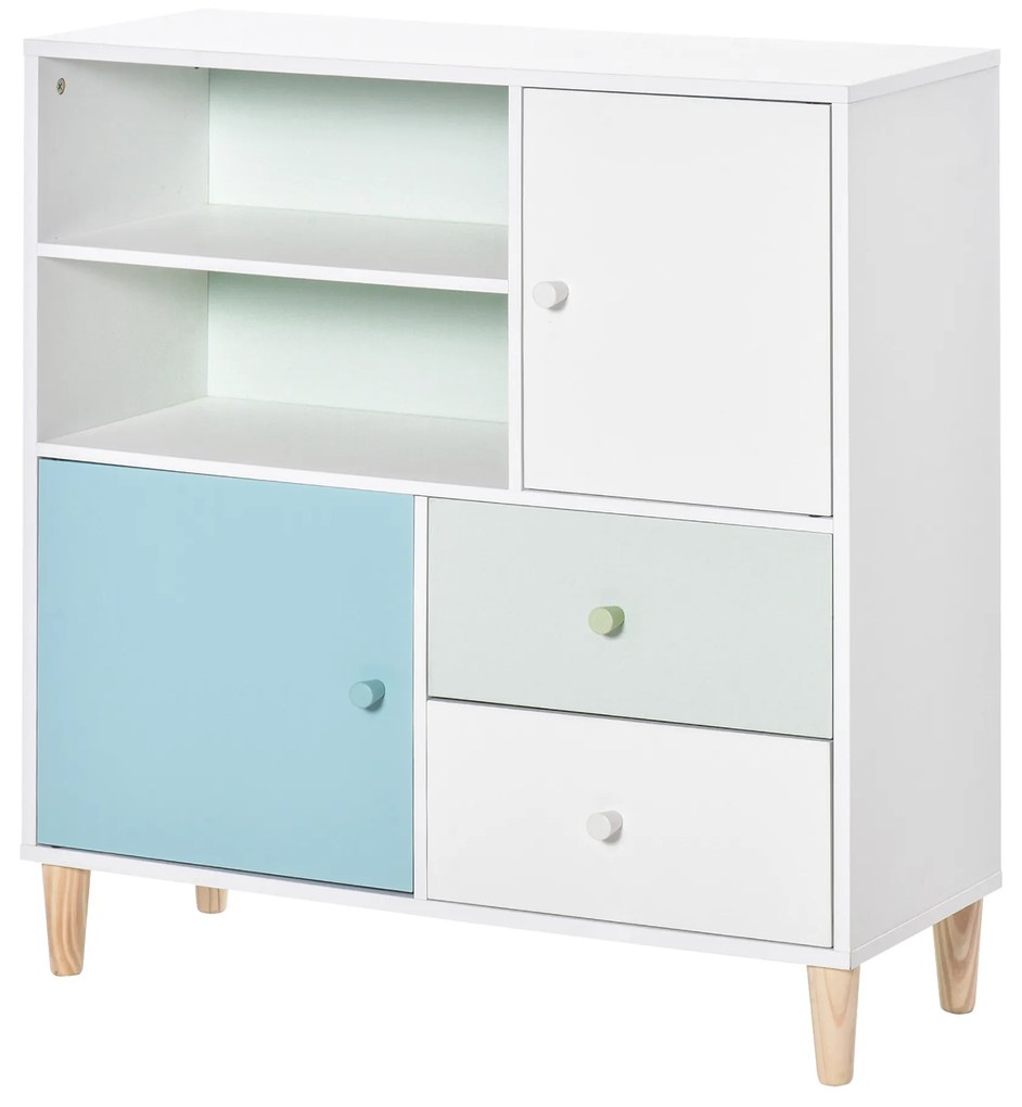 Móvel Infantil Cómoda para Crianças com 2 Compartimentos 2 Gavetas e 2 Armários para Armazenamento de Livros Brinquedos Roupa 80x30x85cm Azul