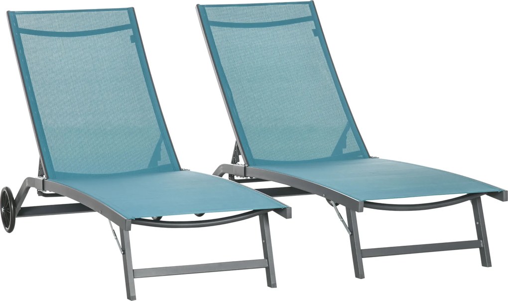 Outsunny Conjunto de 2 Espreguiçadeiras para Exterior com Encosto Ajustável em 5 Níveis e Rodas para Praia Piscina 165x66x102 cm Azul | Aosom Portugal