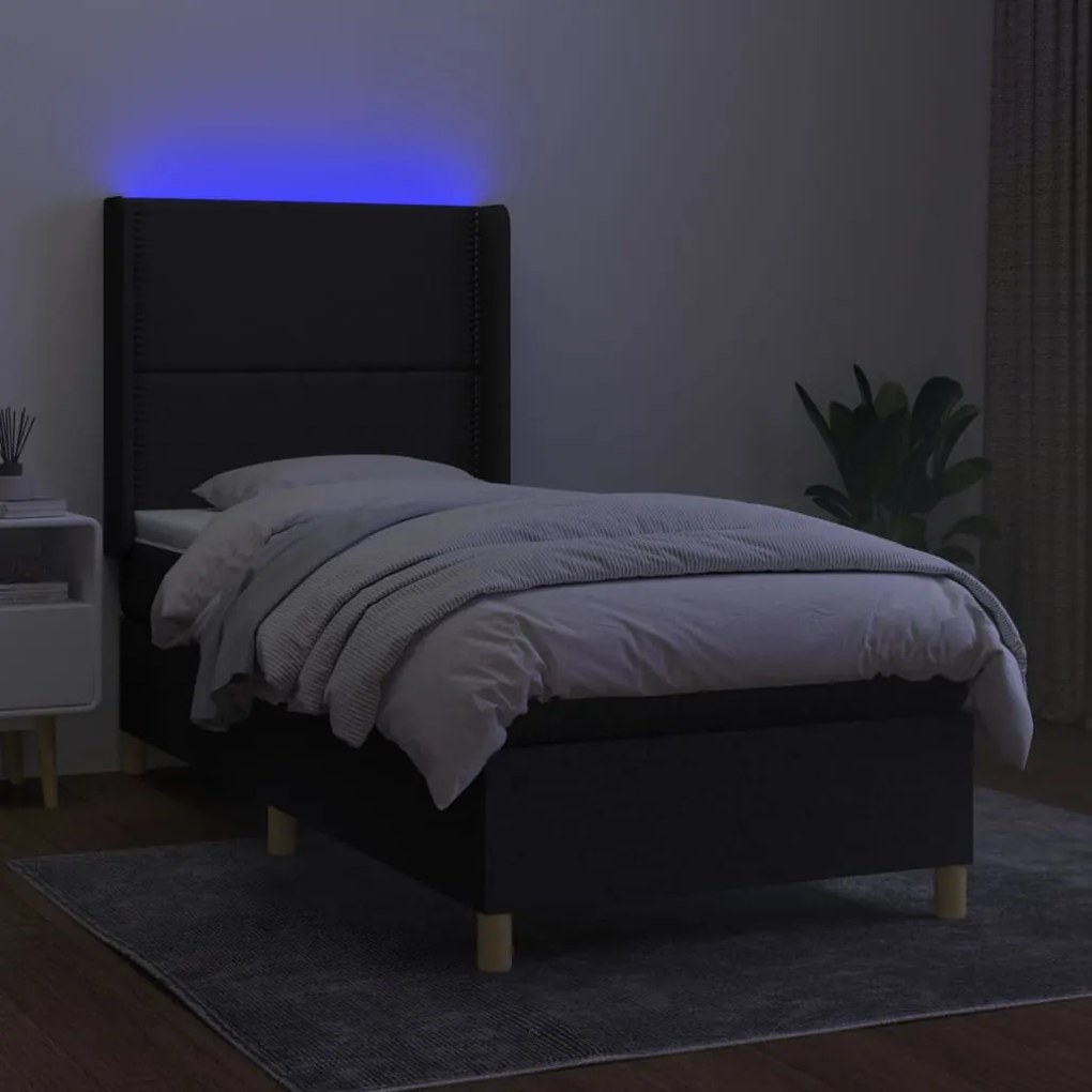 Cama box spring c/ colchão e LED 80x200 cm tecido preto