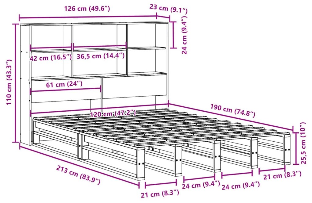 Cama com estante sem colchão 120x190 cm madeira maciça branco