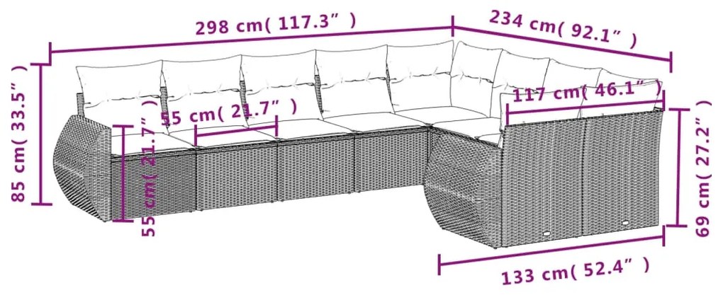 9 pcs conjunto sofás p/ jardim com almofadões vime PE cinzento