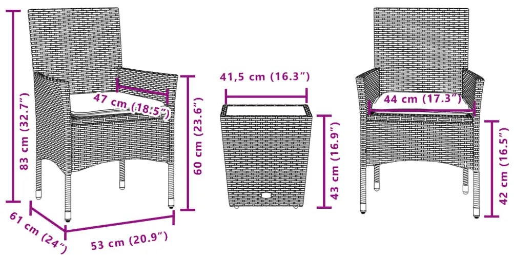3 pcs conjunto de bistrô com almofadões vime PE/vidro castanho
