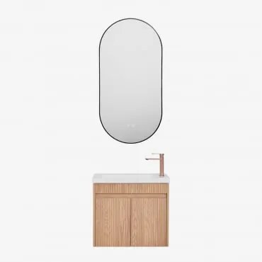 Conjunto De Móvel De Casa De Banho Suspenso Em Madeira Com Lavatório Integrado Narek Castanho Fresno & Ovale Led E Antifog Preto 50x100 Cm - Sklum