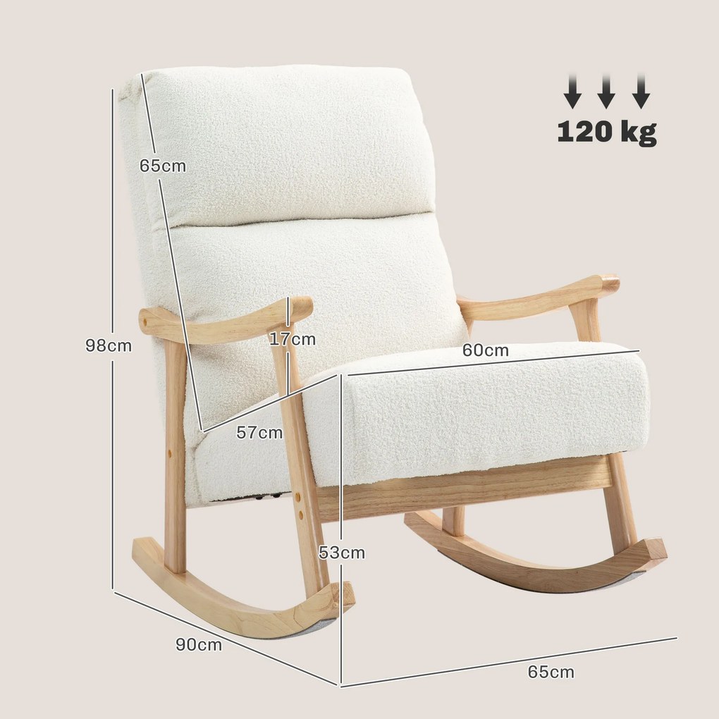 Poltrona Baloiço Moderna em Borrego com Apoio para os Braços de Madeira de Faia Poltrona de Amamentação 65x90x98 cm Creme