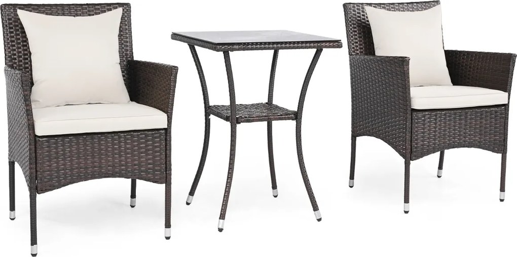 Conjunto de jardim de 3 peças: cadeiras de vime castanho misto com mesa de vidro temperado de dupla camada Castanho com almofadas brancas