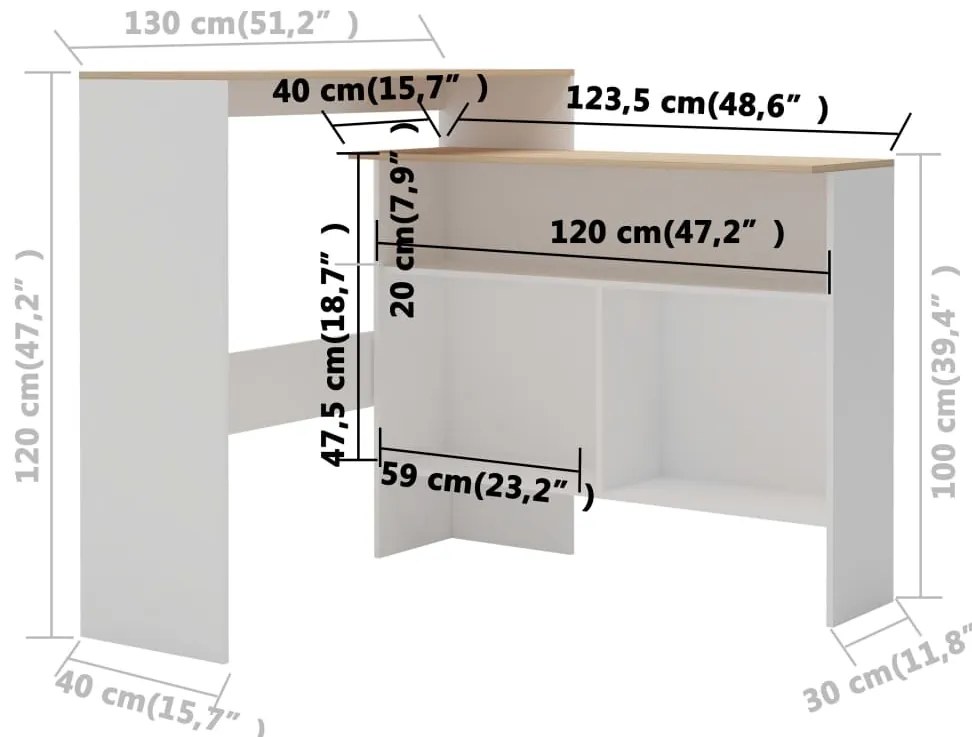 Mesa de bar com 2 tampos 130x40x120 cm branco e carvalho
