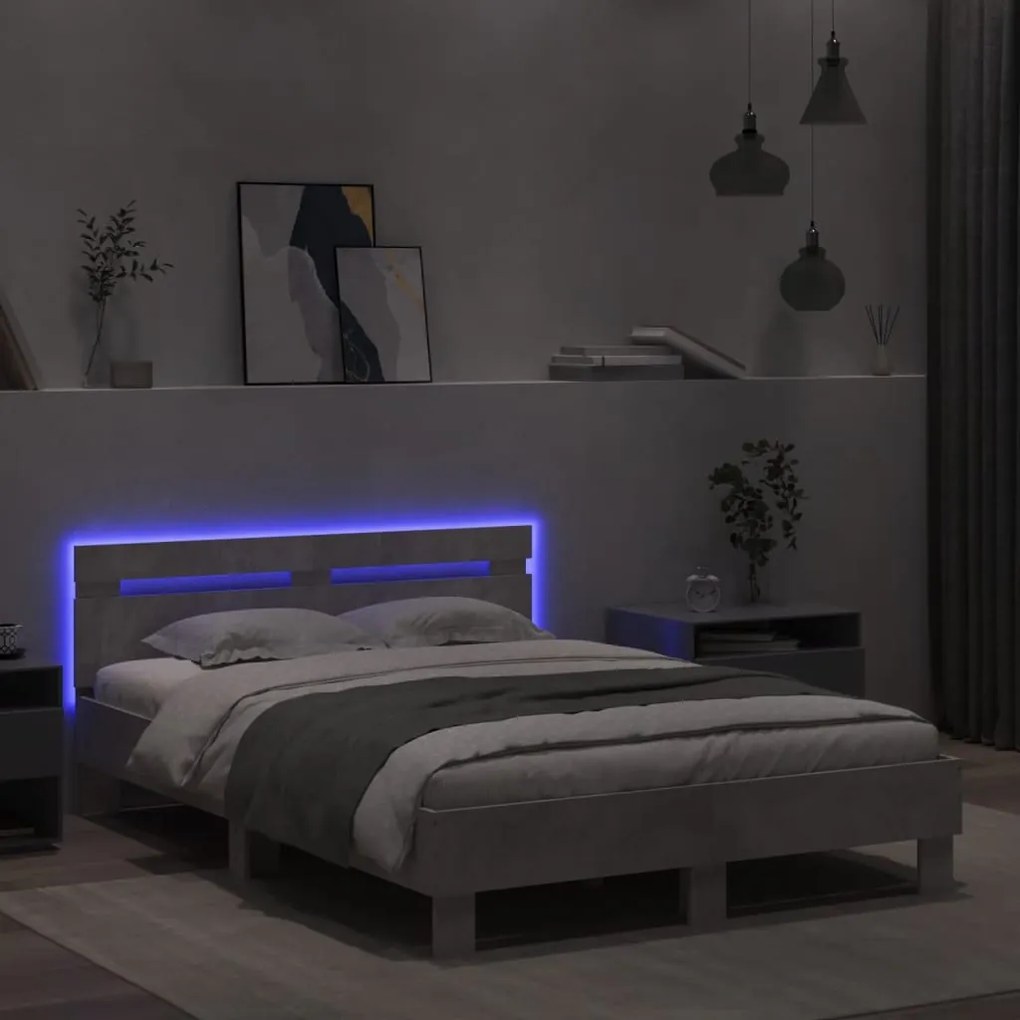 Estrutura cama cabeceira e luzes LED 120x200cm cinzento cimento