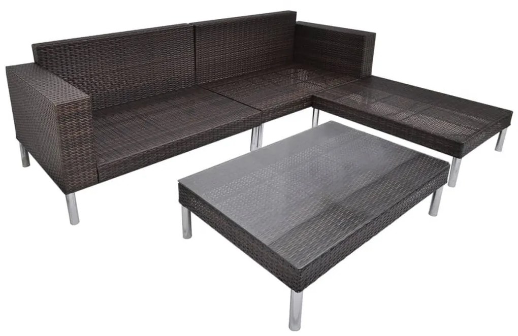 4 pcs conjunto lounge jardim c/ almofadões vime PE castanho