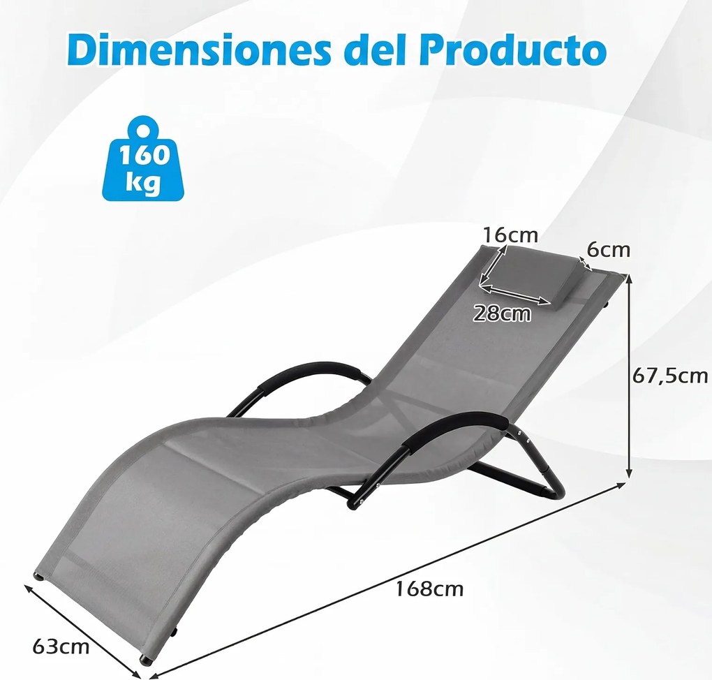 Espreguiçadeira de exterior com estrutura curva, apoio para a cabeça removível e apoios de braços ergonómicos, para jardim ou praia cinzenta