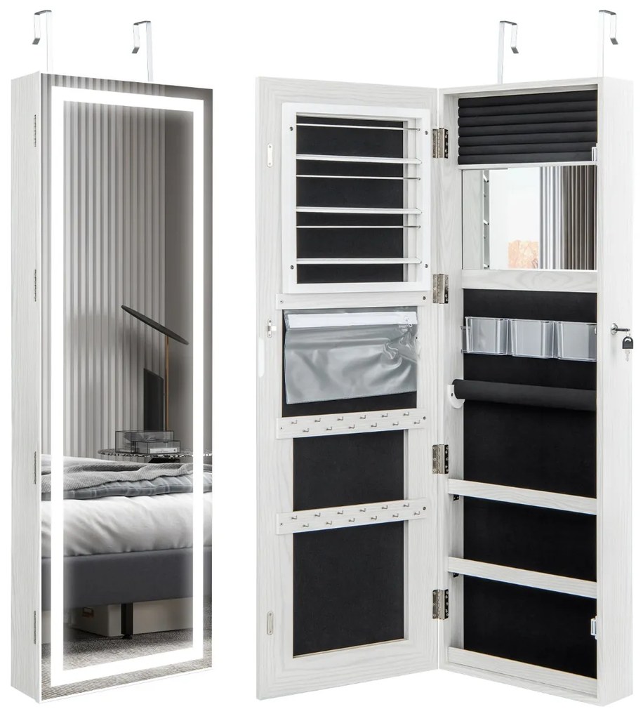 Armário para jóias com espelho LED 120 cm Luzes LED para espelhos 3 cores Espelho para maquilhagem e fecho magnético da porta Branco