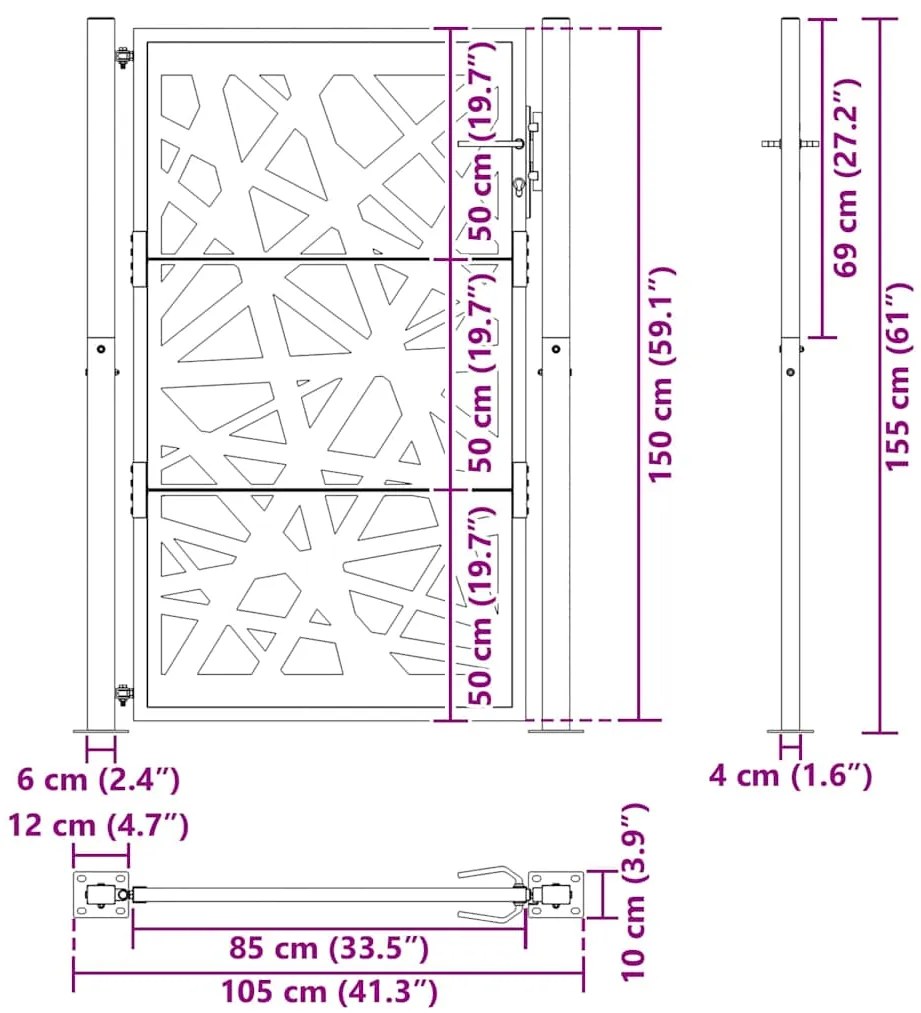 Portão de jardim 105x155 cm design de luz em aço preto